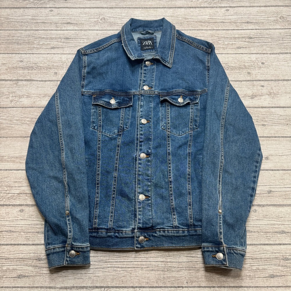 Zara Jacket Men's XL Blue Trucker Denim Classic Button Front Medium Wash Utility